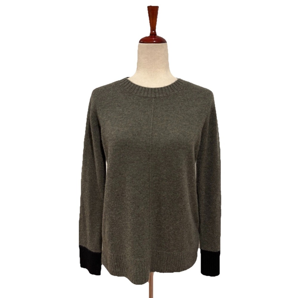 $295 Pura Cashmere US Women's S Gray Navy Contrast Crew‎ Pullover Sweater Top